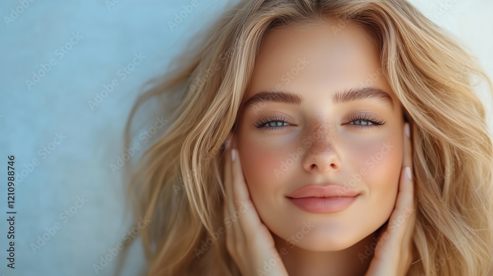 Close-up of a smiling woman with glowing skin and natural freckles, embracing beauty and self-care under soft light. Close-up of a smiling woman with glowing skin and natural freckles, embracing beauty and self-care under soft light.