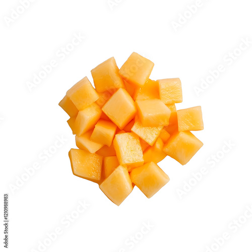 diced cantaloupe white plate white background