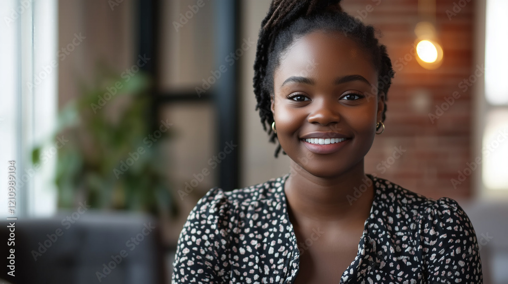 Fototapeta premium Portrait of a Smiling Young Black Woman with Locs Happy Attractive Female Model Professional Business Casual Outfit Indoor Setting