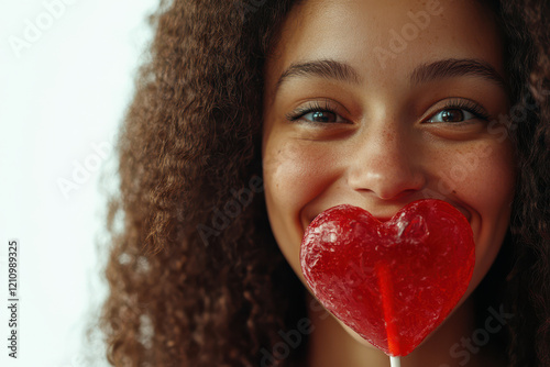 Close up portrait of a happy young woman with a red valentine love heart lollipop