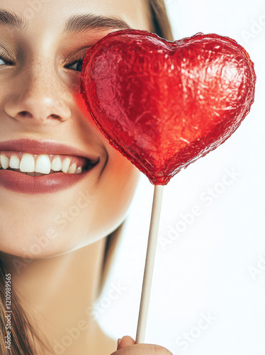 Close up portrait of a happy young woman with a red valentine love heart lollipop