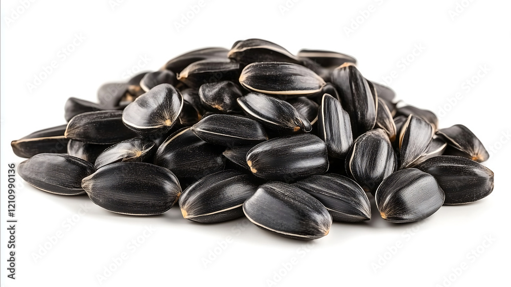 A pile of black sunflower seeds in their shells isolated on white background clipping path A pile of black sunflower seeds in their shells isolated on white background clipping path