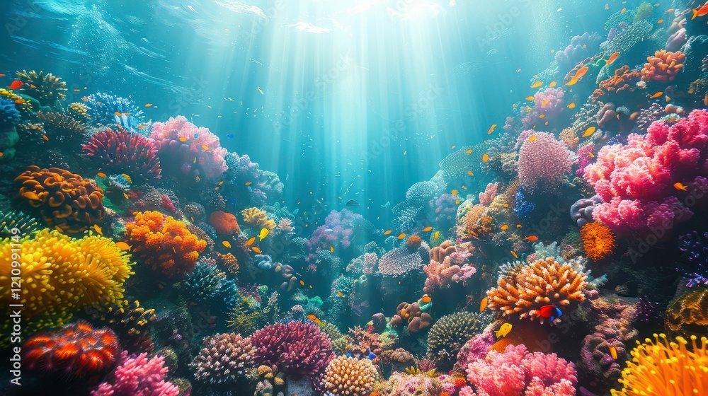 Naklejka premium Colorful Coral Reef Underwater Scene with Vibrant Marine Life, Sun Rays Shining Through Clear Tropical Ocean Water