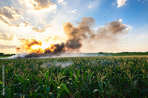 maize field ablaze, smoke billowing dramatically