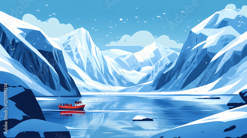 Snow-covered fjords of norway, with travelers on a boat admiring the stunning, icy landscape. Icy Fjord. Illustration photo