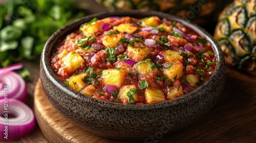 Vibrant pineapple salsa in a rustic bowl, surrounded by fresh ingredients and tropical fruits