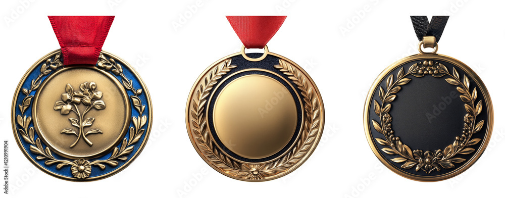 Three distinct medals with a transparent background, showcasing various designs Three distinct medals with a transparent background, showcasing various designs