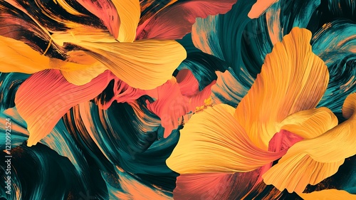 Abstract swirling orange and teal hibiscus flower art