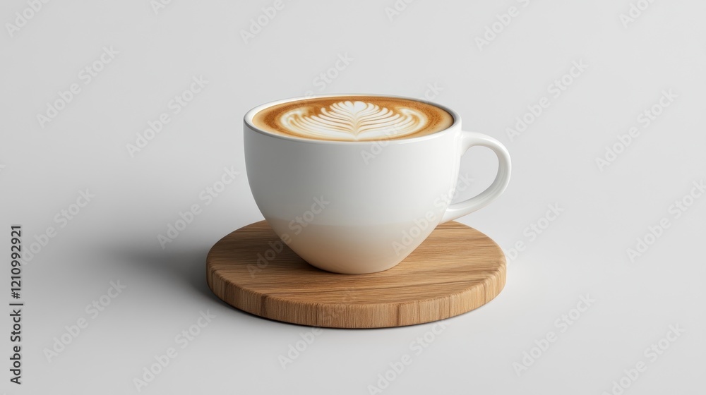 Fototapeta premium Latte art coffee cup on wood coaster, minimalist studio