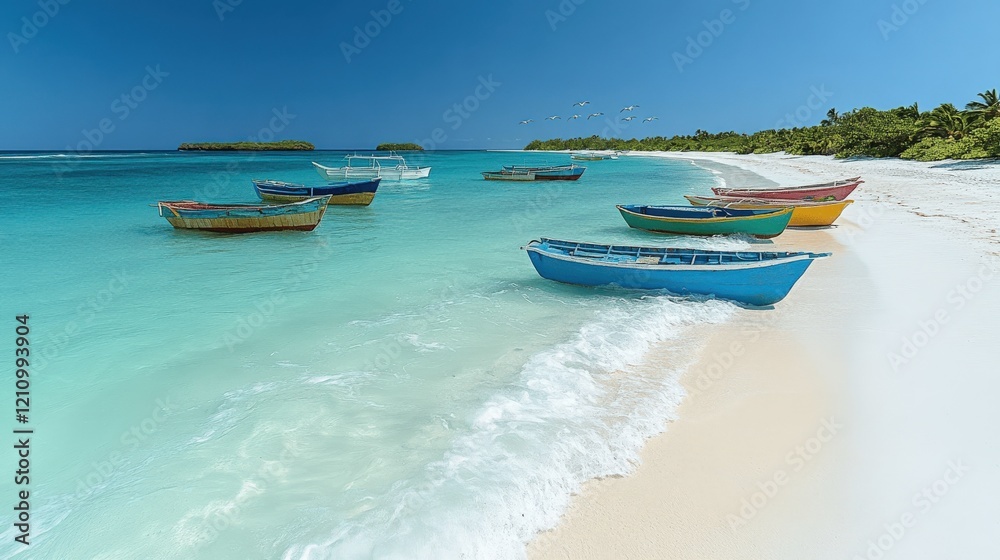 Idyllic Tropical Beach Scene with Colorful Boats on White Sand and Turquoise Water, Palm Trees in Background, Perfect Paradise Destination for Relaxation and Travel Idyllic Tropical Beach Scene with Colorful Boats on White Sand and Turquoise Water, Palm Trees in Background, Perfect Paradise Destination for Relaxation and Travel