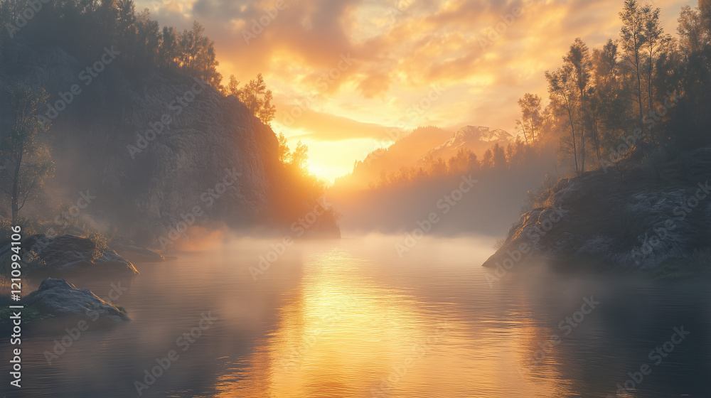 Naklejka premium Serene Golden Sunrise Misty River Landscape Peaceful Nature Scenery Breathtaking View Tranquil Morning Scenic Calm Water Golden 