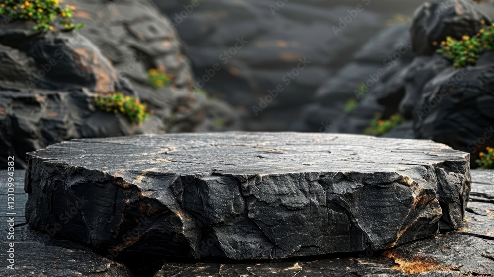 Stone and rock shape 3d render illustration. Round podium, pedestal for brand product exhibition. Solid dark black color Stone and rock shape 3d render illustration. Round podium, pedestal for brand product exhibition. Solid dark black color