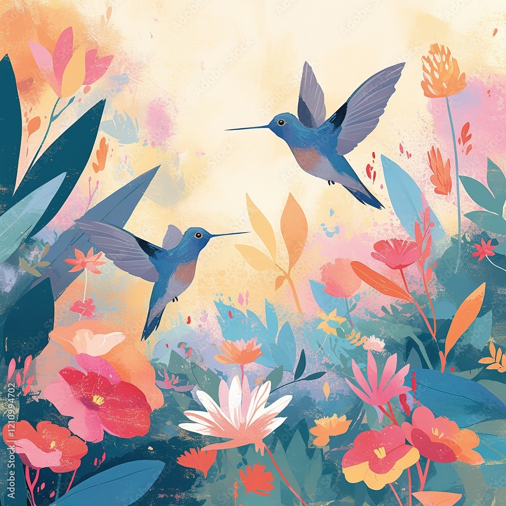 Fototapeta premium Hummingbirds feeding on colorful flowers lush garden digital illustration vibrant spring upward view nature's beauty