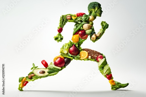 Silhouette of running figure composed of vibrant vegetables and fruits