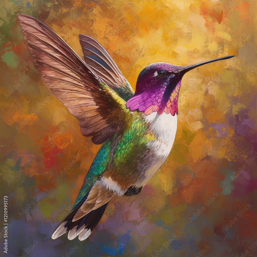 Obraz premium Vibrant hummingbird in flight tropical garden wildlife photography colorful background close-up view nature's beauty