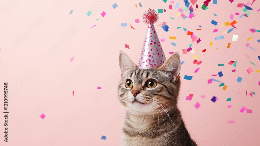 Cute cat with party hat and confetti on pink background. Birthday celebration