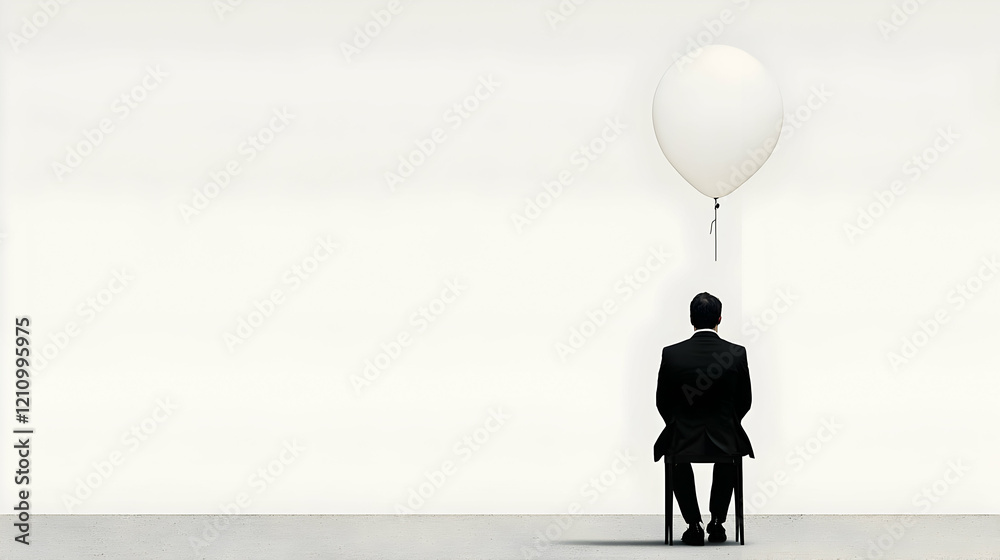 Obraz premium Contemplative man with balloon minimalist studio photography indoor rear view emotional reflection