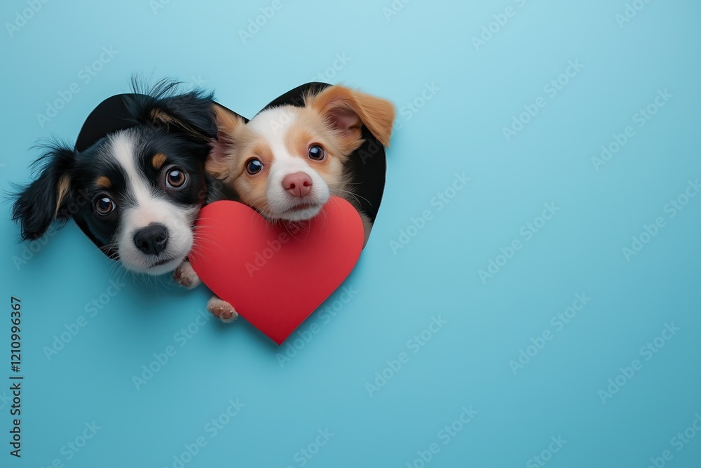 Cute dogs with red heart on blue background. Valentines day concept Cute dogs with red heart on blue background. Valentines day concept