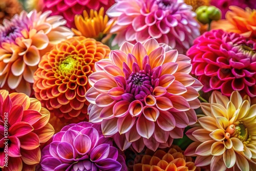 A breathtaking panoramic close-up reveals a stunning dahlia bouquet, capturing vibrant floral detail.