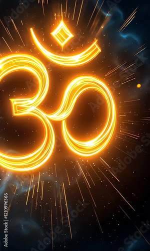 Glowing om symbol radiates vibrant light amidst celestial energy sparks