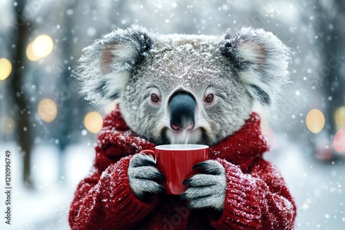 Problem of struggling animals. Social marketing - animal care. Sad cute adult animal koala in winter warm clothes, holding hot coffee with rising steam in paws. Zoo species study. Zoo nature. photo