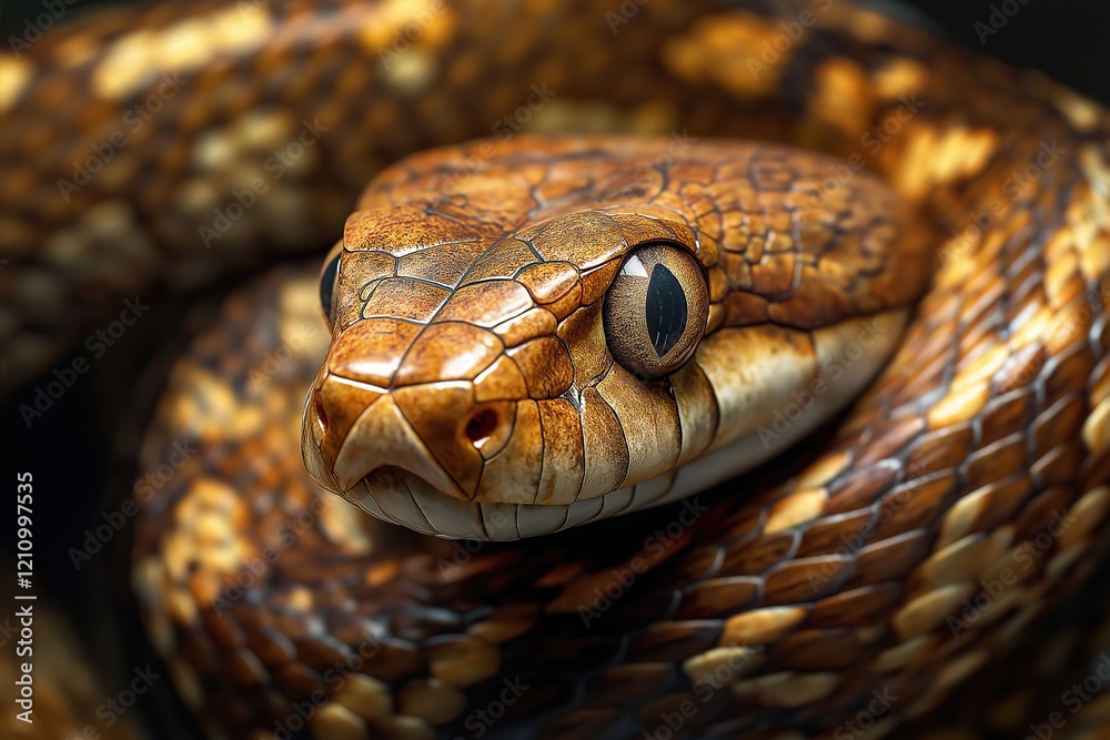 Beautiful yellow snake with big eyes on black background. Studio shot.