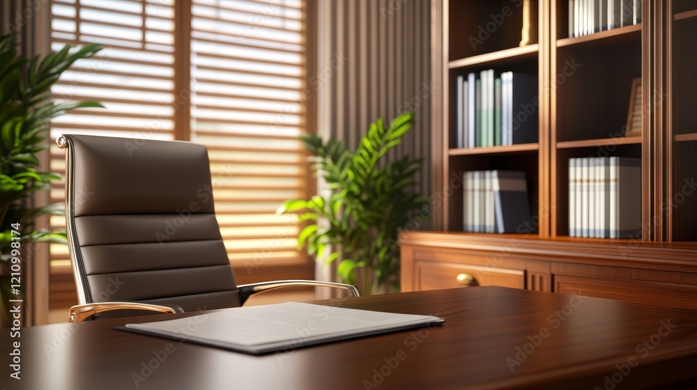 A modern office setup featuring a desk, chair, and shelves with books and plants. A modern office setup featuring a desk, chair, and shelves with books and plants.