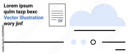 Document with lines representing text, blue cloud, various text elements, horizontal lines, circle icons. Ideal for technology, cloud storage, data management, organization, minimal design, business