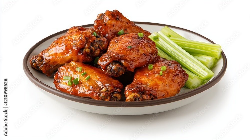 Close-up of Glazed Chicken Wings with Celery Sticks on a Plate Close-up of Glazed Chicken Wings with Celery Sticks on a Plate