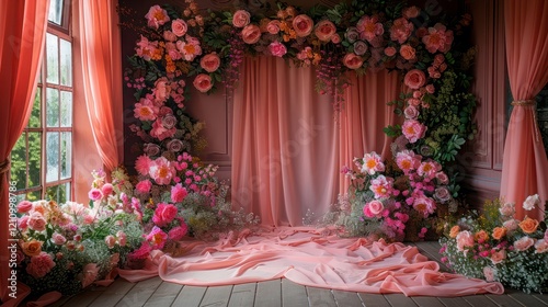 The wedding background and room for studio photos are filled with beautiful flower decorations
