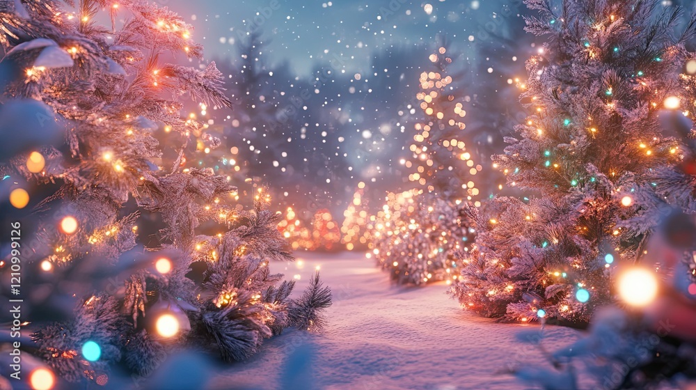 Naklejka premium Snow Covered Trees Glimmer With Festive Lights