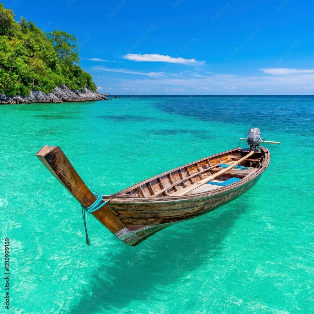 Serene Longtail Boat in Crystal-Clear Tropical Waters near Lush Island Serene Longtail Boat in Crystal-Clear Tropical Waters near Lush Island