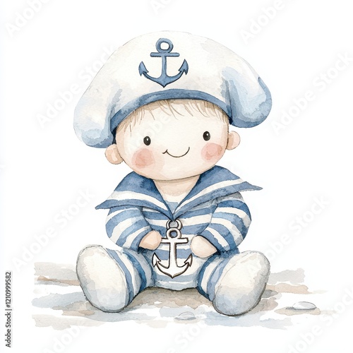 Watercolor illustration of a sailor doll sitting on a beach charming nautical theme whimsical art playful environment soft colors photo