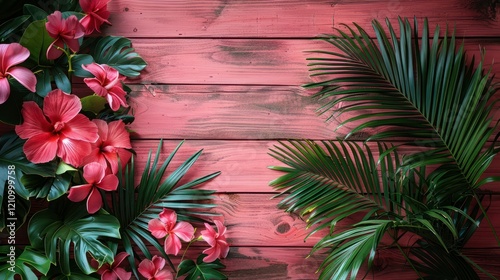 Tropical pink wooden background.