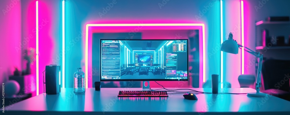 A vibrant gaming setup featuring a monitor with neon lights, a mechanical keyboard, and a sleek desk, creating an immersive atmosphere for online gaming. A vibrant gaming setup featuring a monitor with neon lights, a mechanical keyboard, and a sleek desk, creating an immersive atmosphere for online gaming.