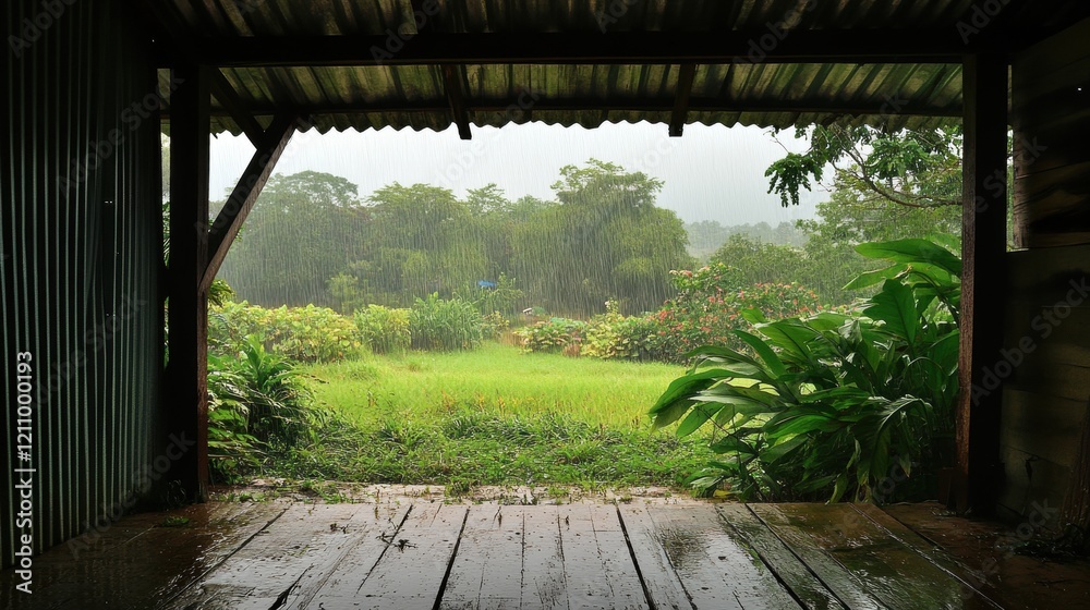 Rain falls on lush green landscape, viewed from rustic wooden shelter. Perfect for illustrating themes of nature, peace, and tranquility. Rain falls on lush green landscape, viewed from rustic wooden shelter. Perfect for illustrating themes of nature, peace, and tranquility.