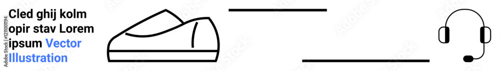 Line drawing of shoe and headset, black text placeholder with blue Vector . Ideal for ecommerce, tech support, minimalist design, UIUX, modern websites, product listings, infographics. Landing page Line drawing of shoe and headset, black text placeholder with blue Vector . Ideal for ecommerce, tech support, minimalist design, UIUX, modern websites, product listings, infographics. Landing page