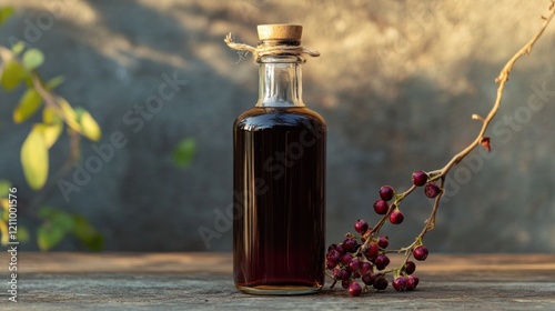 A clear glass bottle containing a dark liquid sits on a wooden table with a sprig of berries nearby photo