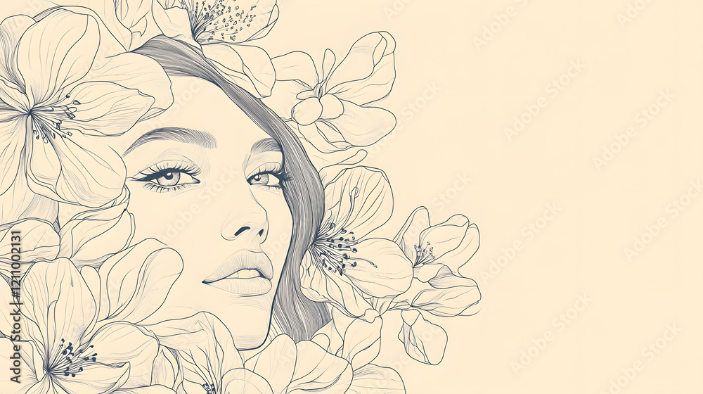 Minimalistic line art of a female visage accented by colorful floral elements Minimalistic line art of a female visage accented by colorful floral elements