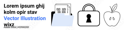Folder holding a document with binary code, locked padlock icon, sliced apple with visible seeds, placeholder text on the left. Ideal for data security, technology, encryption, organizational tools