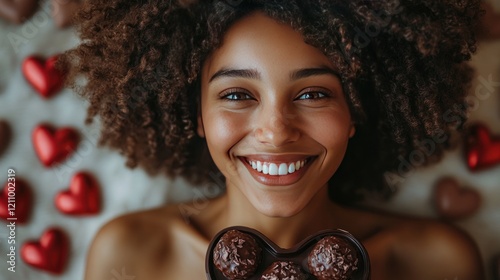 Happy woman, chocolate hearts, Valentine's Day, bed, romance