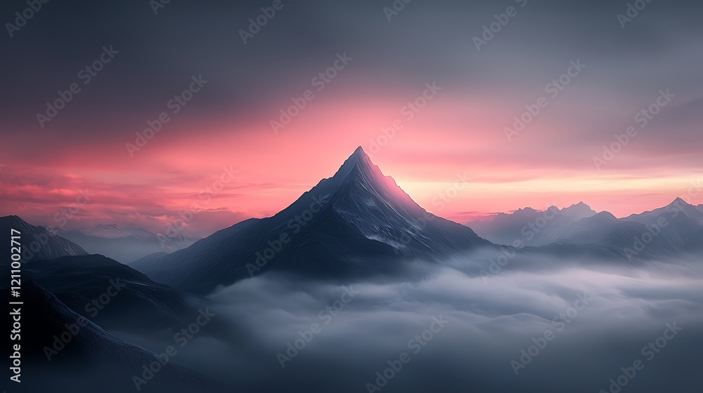 Naklejka premium Majestic mountain peak sunset, cloudscape, serene landscape, nature photography, travel poster