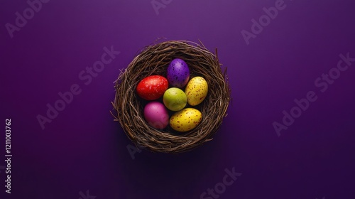 Colorful Easter eggs in nest on purple background
