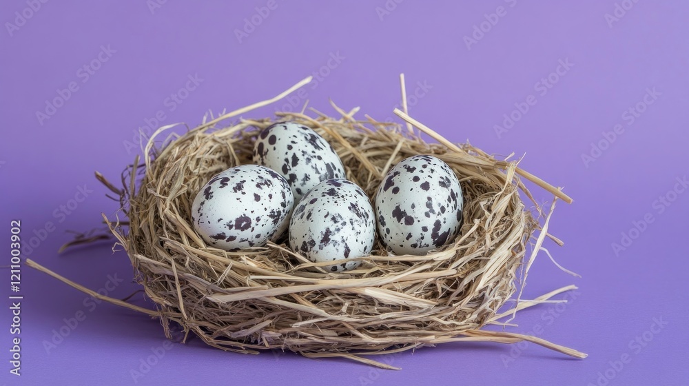 Obraz premium Spotted eggs nest lilac background spring decor