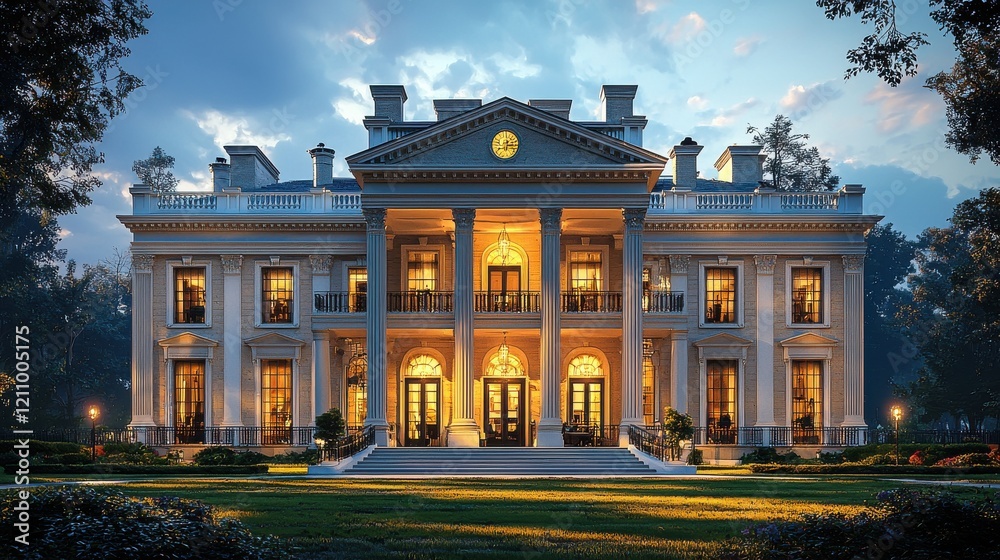 Obraz premium Elegant mansion illuminated at twilight with glowing windows and lush surroundings