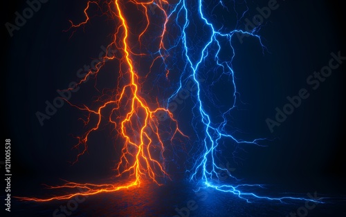 blue and orange lightning clash with dark background.