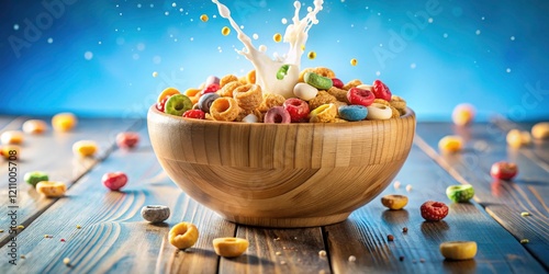 Blue hues highlight crunchy cereal; appetizing breakfast photography. photo