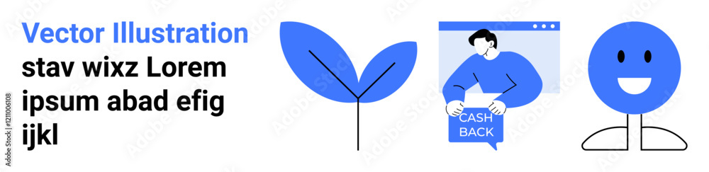 Fototapeta premium Plant leaf, person with Cash Back sign, and happy face. Ideal for websites, marketing, education, infographics, presentations, social media, and mobile apps. Landing page