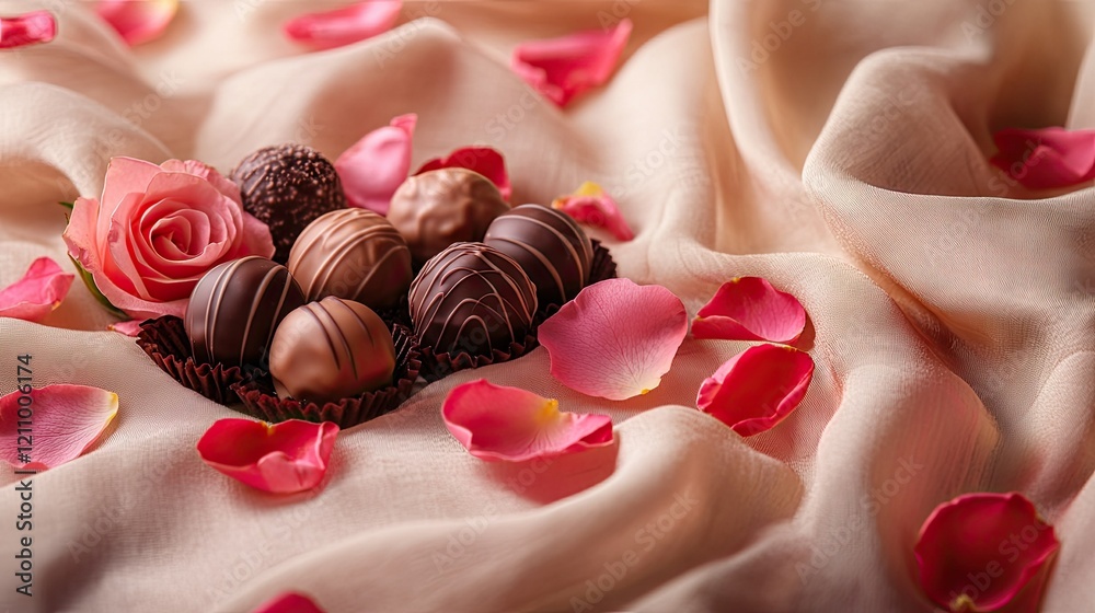 A beautiful arrangement of Valentine chocolate truffles, with delicate pink and red rose petals scattered around, set on a soft fabric background with romantic lighting