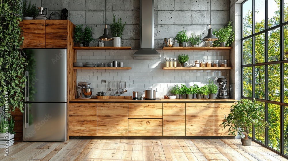 Modern kitchen with wooden cabinets and abundant greenery in a bright, spacious design Modern kitchen with wooden cabinets and abundant greenery in a bright, spacious design